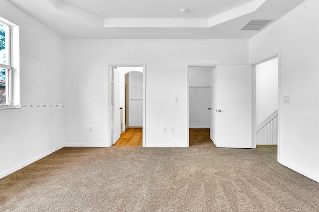 unfurnished bedroom featuring a closet, a tray ceiling, light carpet, and a spacious closet