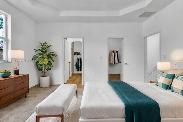 carpeted bedroom with a walk in closet and a tray ceiling