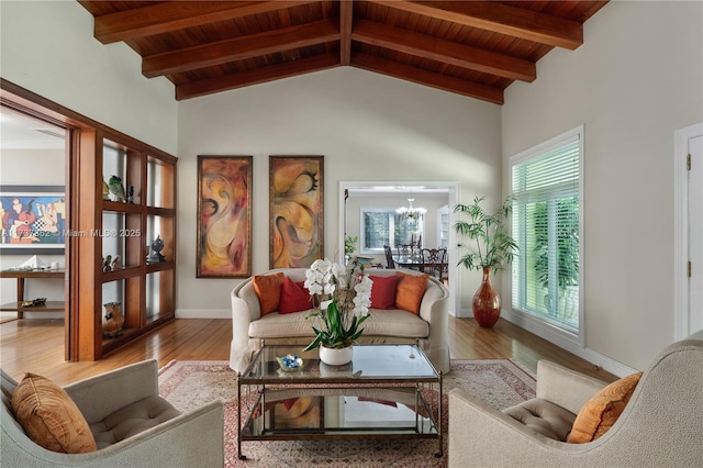 living room with wood ceiling, beam ceiling, hardwood / wood-style floors, and a notable chandelier