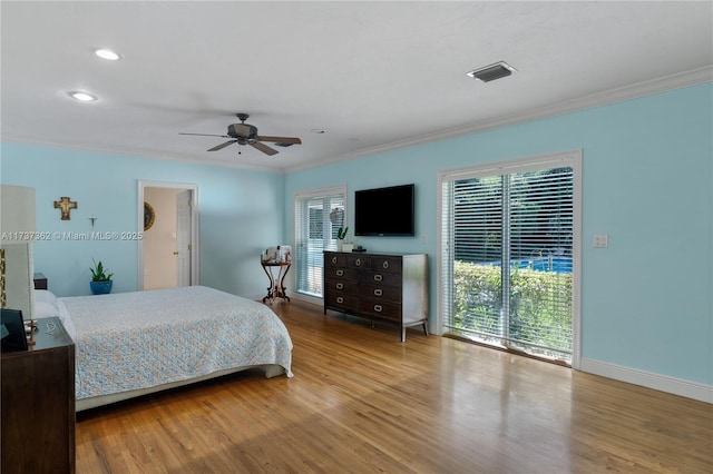 bedroom with ceiling fan, ornamental molding, light wood-type flooring, and access to outside