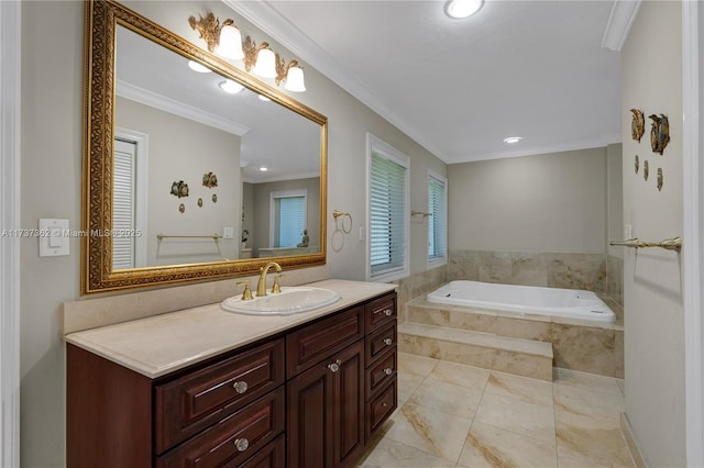 bathroom featuring tiled tub, ornamental molding, and vanity