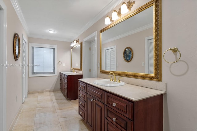 bathroom with vanity and ornamental molding