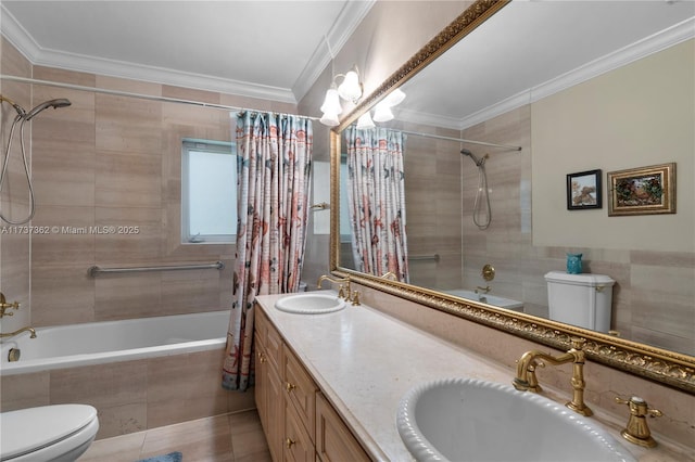 full bathroom with shower / tub combo with curtain, crown molding, tile walls, vanity, and toilet