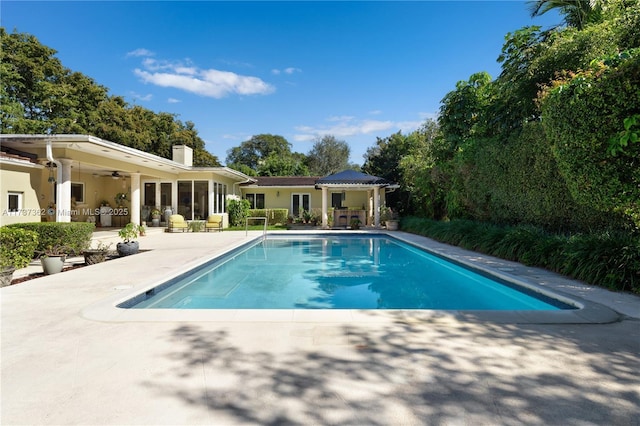 view of swimming pool featuring a patio area and ceiling fan