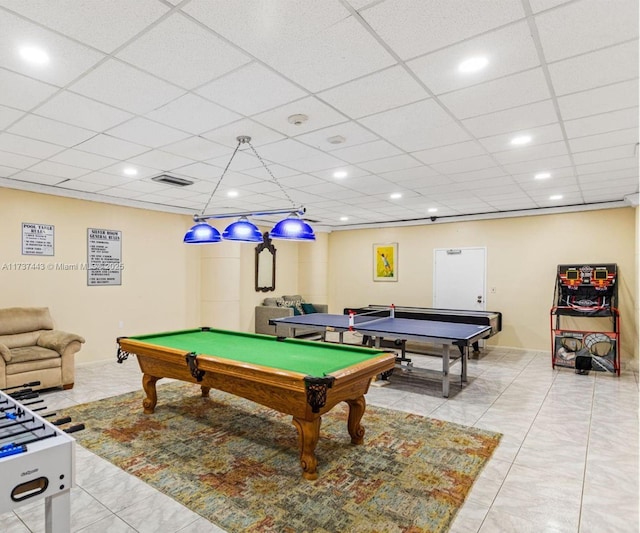 playroom with a drop ceiling, pool table, and tile patterned floors