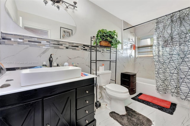 full bathroom with vanity, tile walls, shower / bathtub combination with curtain, and toilet