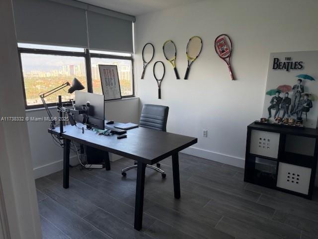 home office featuring dark wood-type flooring