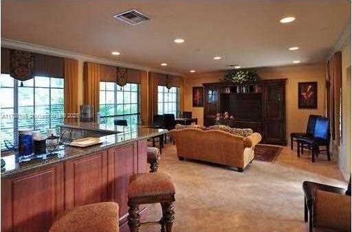 bar featuring light colored carpet, ornamental molding, and a healthy amount of sunlight