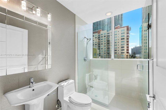 bathroom featuring walk in shower, sink, and toilet