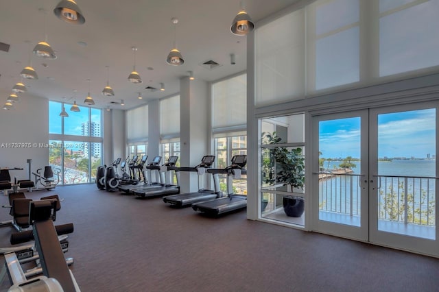 exercise room featuring carpet, french doors, a high ceiling, and a water view