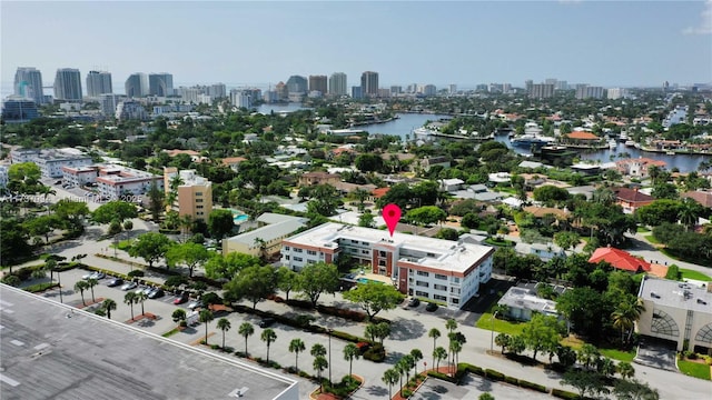 drone / aerial view with a water view