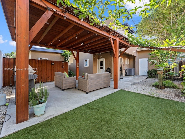 view of patio featuring an outdoor living space and central AC unit