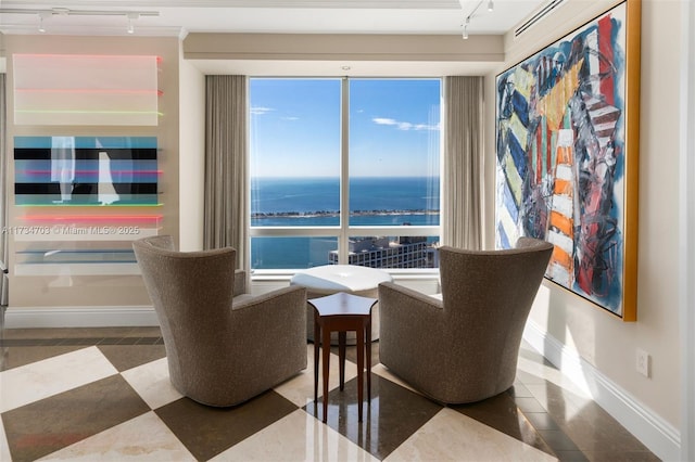 living area with a water view and track lighting