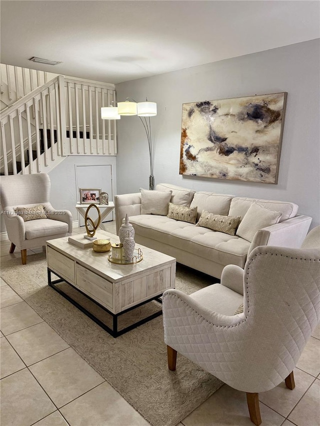 living room featuring tile patterned flooring