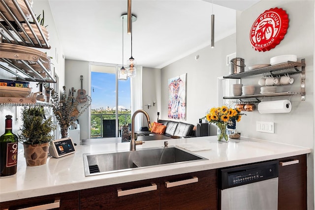 kitchen featuring sink, stainless steel dishwasher, dark brown cabinetry, and decorative light fixtures