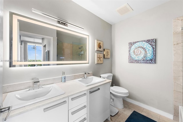 bathroom with walk in shower, vanity, toilet, and tile patterned flooring