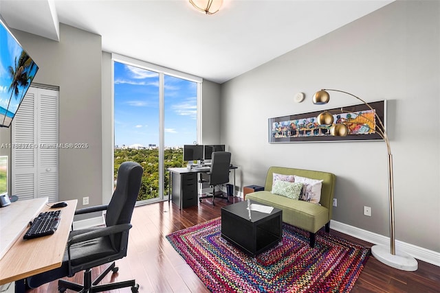 home office featuring hardwood / wood-style flooring and a wall of windows