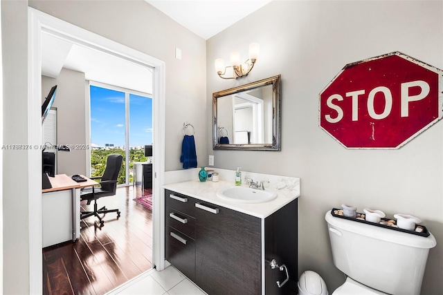 bathroom with vanity, wood-type flooring, and toilet