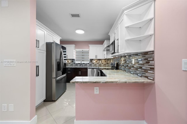 kitchen featuring sink, backsplash, stainless steel appliances, white cabinets, and kitchen peninsula