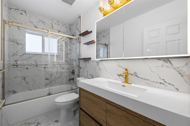 full bathroom featuring toilet, tasteful backsplash, tile walls, vanity, and enclosed tub / shower combo