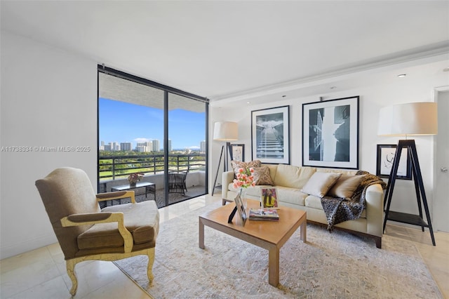 living room with floor to ceiling windows