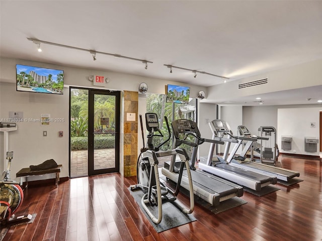 gym with hardwood / wood-style floors, track lighting, and french doors