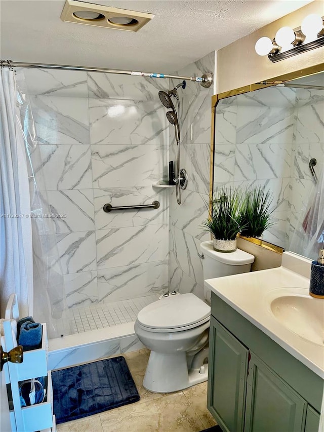 bathroom featuring toilet, a shower with curtain, a textured ceiling, tile walls, and vanity