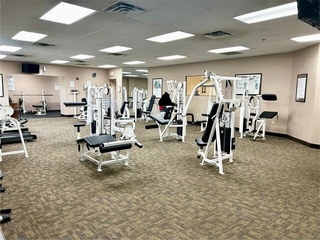 workout area with carpet and a drop ceiling