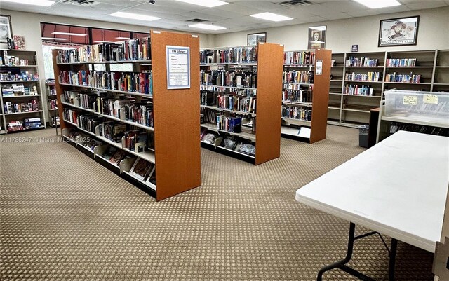 office area with carpet floors and a paneled ceiling