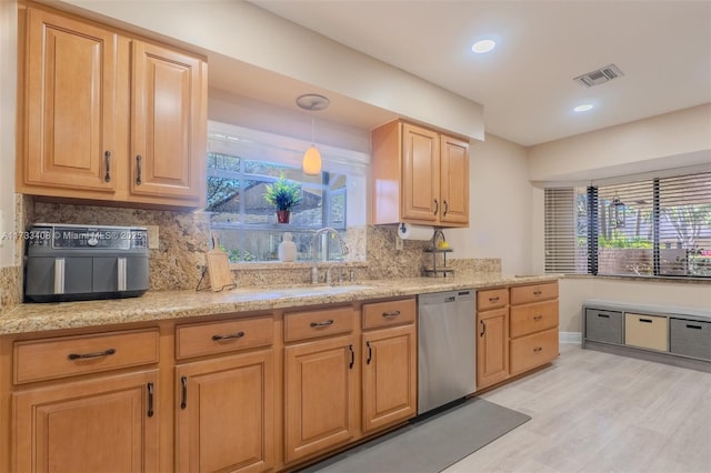 kitchen with hanging light fixtures, backsplash, a wealth of natural light, and dishwasher