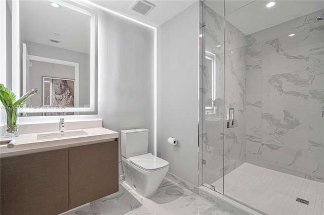 bathroom with toilet, marble finish floor, a marble finish shower, and visible vents