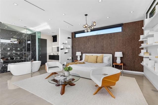 bedroom featuring multiple windows and a chandelier