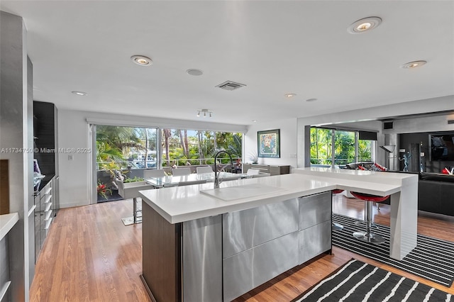 kitchen with light hardwood / wood-style floors, an island with sink, and a healthy amount of sunlight