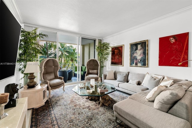 living room with expansive windows, ornamental molding, and a textured ceiling