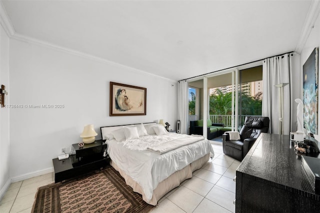 tiled bedroom featuring crown molding and access to outside