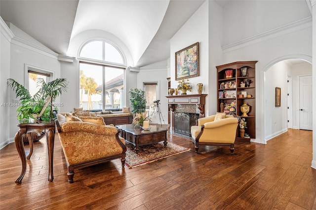 living room featuring wood-type flooring, high vaulted ceiling, and a fireplace