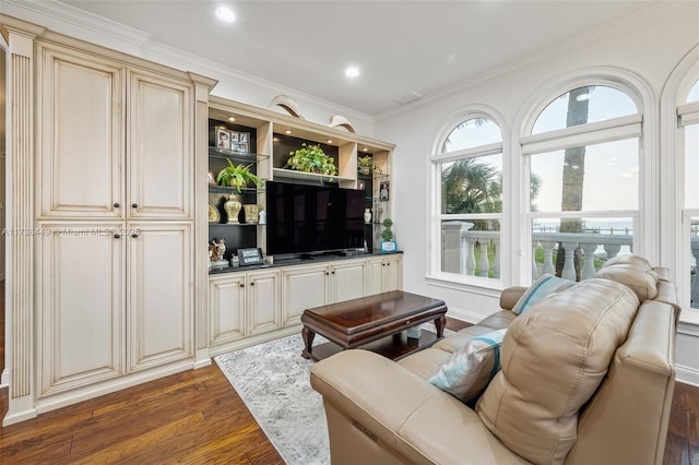 living room featuring dark wood-type flooring and ornamental molding