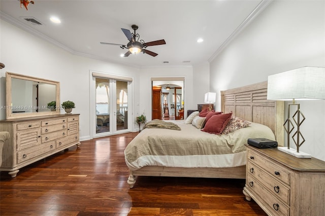 bedroom with dark hardwood / wood-style flooring, access to outside, ornamental molding, and ceiling fan
