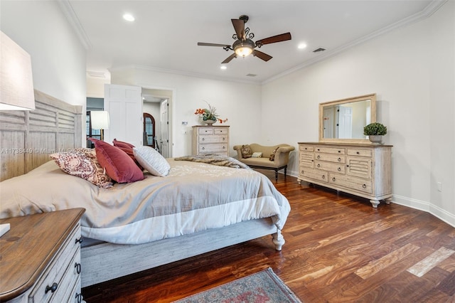 bedroom with crown molding, ceiling fan, and dark hardwood / wood-style flooring