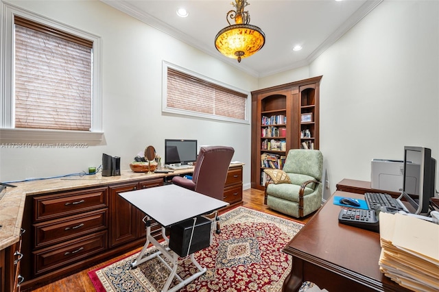 office area featuring crown molding and dark hardwood / wood-style flooring