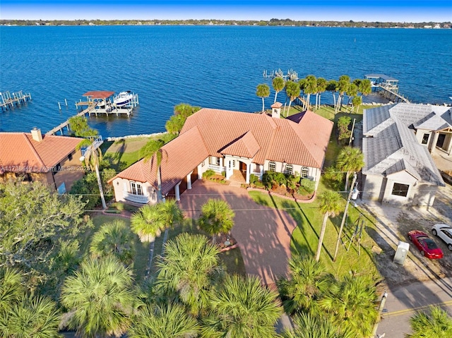 drone / aerial view with a water view