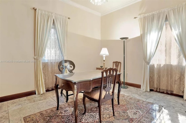 4191 Lybyer Ave, Coconut Grove, FL 33133 - office area with baseboards, a chandelier, and crown molding