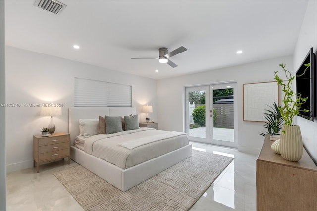 bedroom featuring french doors, ceiling fan, and access to exterior