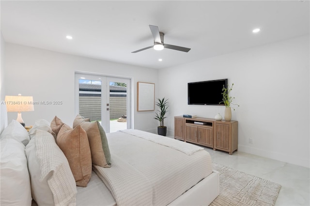 bedroom with access to outside, ceiling fan, and french doors