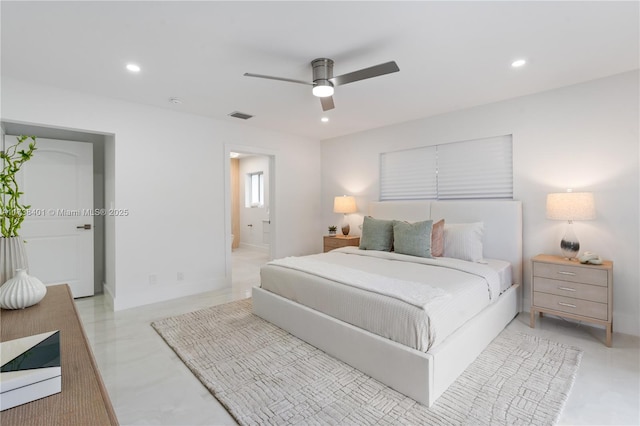 bedroom featuring recessed lighting, ceiling fan, and connected bathroom
