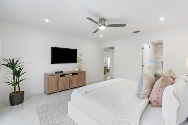 bedroom with ceiling fan and ensuite bathroom