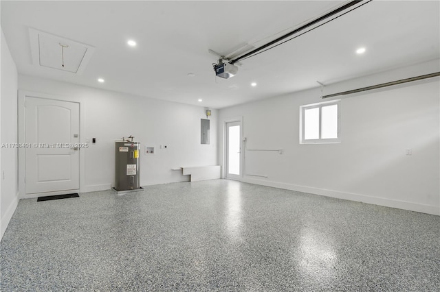 garage with water heater, electric panel, a garage door opener, recessed lighting, and baseboards