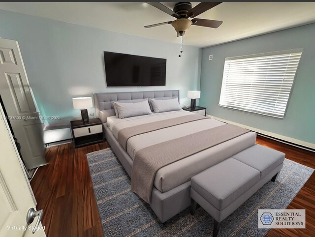 bedroom with ceiling fan and hardwood / wood-style floors