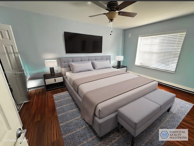 bedroom with ceiling fan and dark wood-type flooring