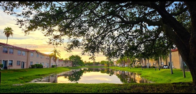 view of property's community featuring a water view and a yard